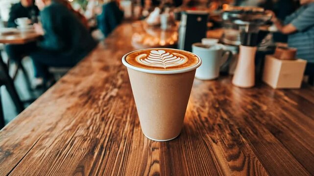 Coffee cup with latte art on a wooden table in a cozy cafe. Concept of coffee culture, relaxation, and artisanal beverages.