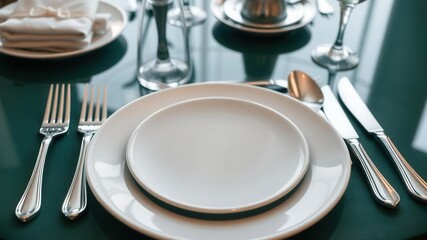 Polished silver flatware set arranged neatly on a vibrant green background, meal, silverware, tableware