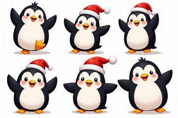 Fototapeta premium Cute cartoon penguins in santa hats: festive holiday characters perfect for christmas designs.