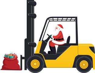 Santa Claus in Red Forklift Loaded with Christmas sack. Christmas Presents Delivery and Shipping. Merry Christmas Holiday. New Year and Xmas. Vector illustration in flat style