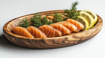 Wooden Platter with Scandinavian Gravlax Garnished with Dill and Lemon