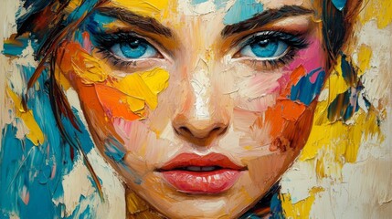 Abstract oil painting, girlâ€™s face, palette knife technique