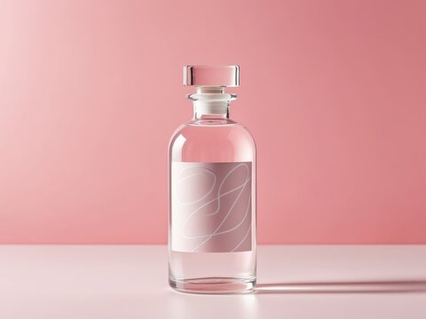 Stylish Clear Glass Bottle with Abstract Label and Pink Background for Modern Branding and Design Projects. - Powered by Adobe