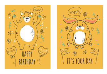Birthday cards with animals concept. Vector graphic design illustration element