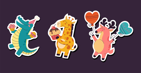 Happy birthday animal cute stickers cartoon holiday isolated set collection. Vector isolated graphic design illustration set
