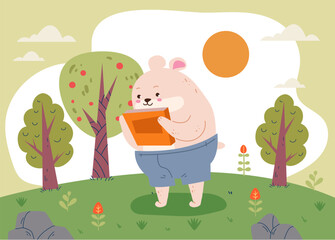 Forest animal characters reading book concept. Vector flat graphic design illustration