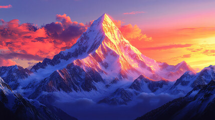 breathtaking sunset illuminates a majestic mountain, casting a warm, golden glow over the valley below, symbolizing nature's beauty, tranquility, and the awe-inspiring power of the natural world