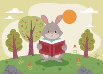 Forest animal characters reading book concept. Vector flat graphic design illustration