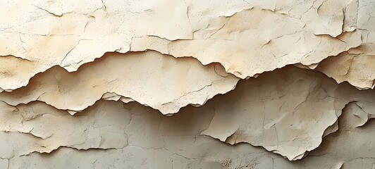 An abstract close-up of cracked plaster in warm earthy tones, featuring wavy layers that create a visually striking texture and depth.