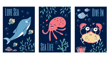 Sea animal ocean cute under water flyers isolated set concept. Vector graphic design illustration