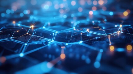 Obraz premium Futuristic Digital Network Background with Glowing Nodes and Lines, Representing Connection, Technology, and Data in Abstract Visualization of a 3D Structure