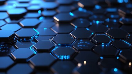 Obraz premium Futuristic Hexagonal Surface with Shimmering Blue Light, Abstract Pattern Symbolizing Technology and Innovation in Modern Digital Design Aesthetic
