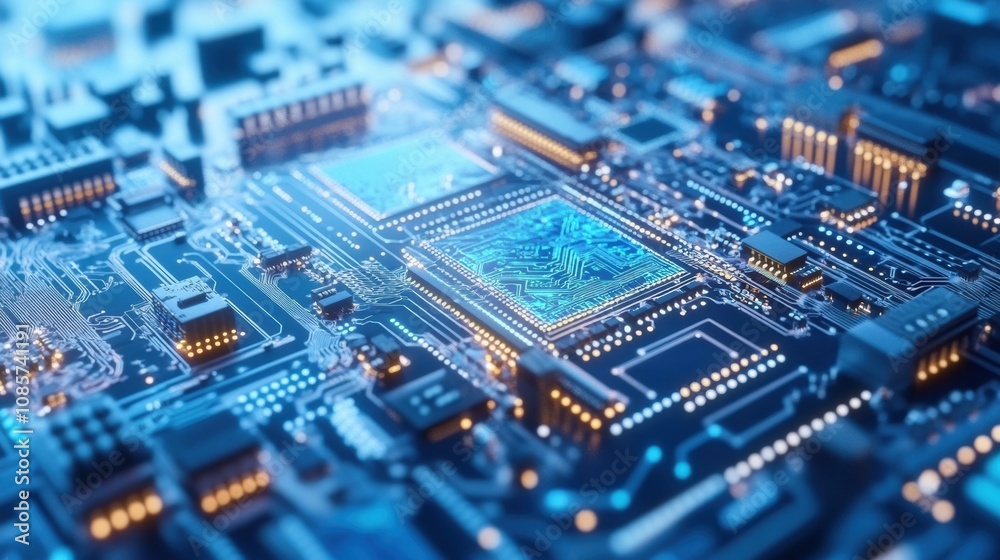 Poster abstract close-up view of a printed circuit board with complex microchips and electric circuits show