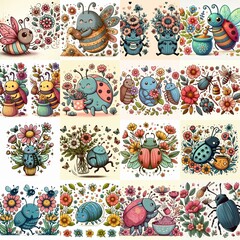 Cartoon bugs and flowers. AI generated illustration