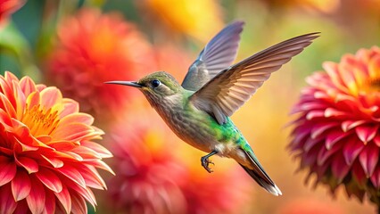 Obraz premium Vibrant Hummingbird in Flight Surrounded by Colorful Flowers, Capturing the Beauty of Nature in Full Bloom with Delicate Wings and Rich Floral Colors