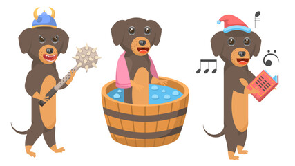 Set Abstract Collection Flat Cartoon Different Animal Dachshunds Dogs With A Mace And A Helmet, In A Hat Sings New Year Songs, Washes In A Tub Vector Design Style Elements Fauna Wildlife