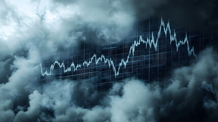 Storm clouds loom over fluctuating stock chart, symbolizing financial uncertainty