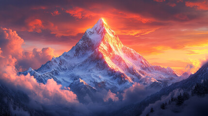 breathtaking sunset illuminates a majestic mountain, casting a warm, golden glow over the valley below, symbolizing nature's beauty, tranquility, and the awe-inspiring power of the natural world