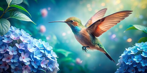 Obraz premium Vibrant Hummingbird Hovering Among Colorful Flowers in a Lush Green Garden, Capturing Nature's Beauty and Delicate Wings in a Dreamy Atmosphere