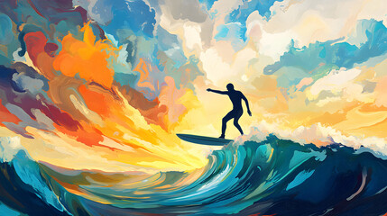 Surfer riding wave under colorful sky at sunset, creating vibrant scene
