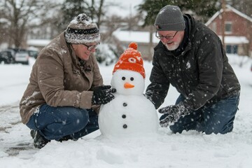 Two people building a snowman in the winter snow on a quiet suburban street during a snowfall