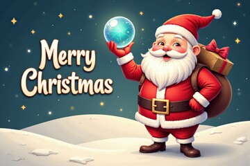 Santa claus with gift bag and snow globe in winter wonderland christmas scene.