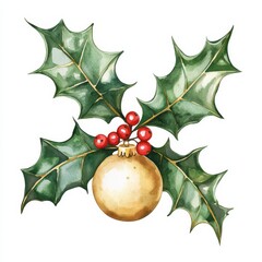 Watercolor clipart christmas holly leaves with gold ornament holiday decor botanical art festive atmosphere close-up view, isolated on white background