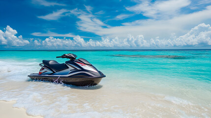 Tropical beach with jet ski on clear water and white sand, perfect for adventure