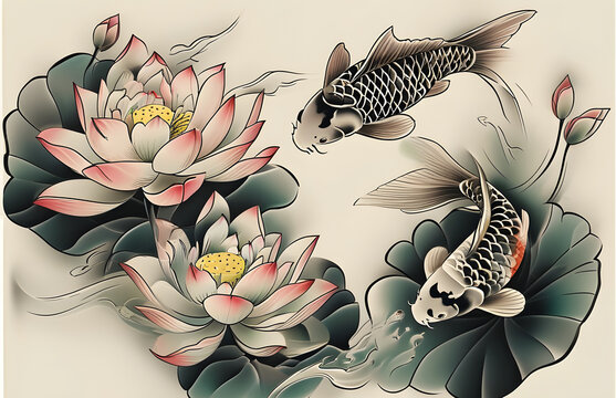 Koi Fish and Lotus Flowers Tattoo Design