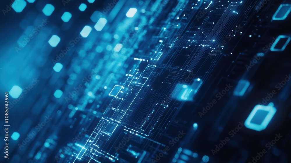 Poster abstract digital background with glowing blue lines and luminous shapes representing data processing