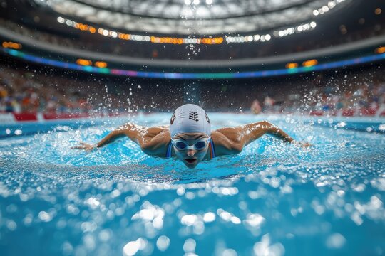 Competitive swimmer performs butterfly stroke in an indoor swimming arena during a championship event in the evening