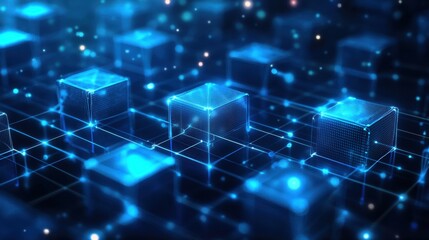 Obraz premium Abstract 3D Rendering of Glowing Blue Cubes and Digital Connections in a Futuristic Technology Background for Conceptual Visualization of Data and Networks