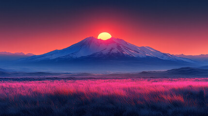 Naklejka premium breathtaking sunset illuminates a majestic mountain, casting a warm, golden glow over the valley below, symbolizing nature's beauty, tranquility, and the awe-inspiring power of the natural world