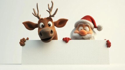 Cute cartoon Santa and his reindeer looking over a white sign, on a white background for a festive, fun holiday look