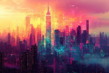 Futuristic cyberpunk cityscape at sunset with vibrant neon colors and skyscrapers