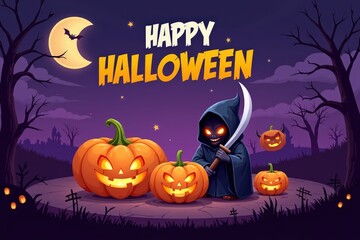 Happy halloween night: spooky scene with pumpkins and grim reaper character under moonlit sky.