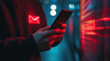 SMS spam, fake text message phishing from scammer concept. System hacked red warning alert, email hack, scam malware spreading virus on message alert virtual on mobile phone screen in person. 