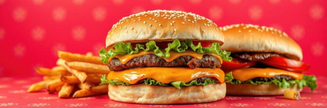 Vibrant red background with a striking pattern of hunger-inducing images such as pizza, burgers, and fries, burgers, devour, vibrant