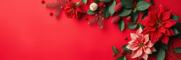 Obraz premium Vibrant red poinsettia flowers against a red background, red, background, seasonal