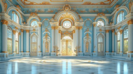 Fototapeta premium Elegant, ornate interior of a grand hall with golden accents.