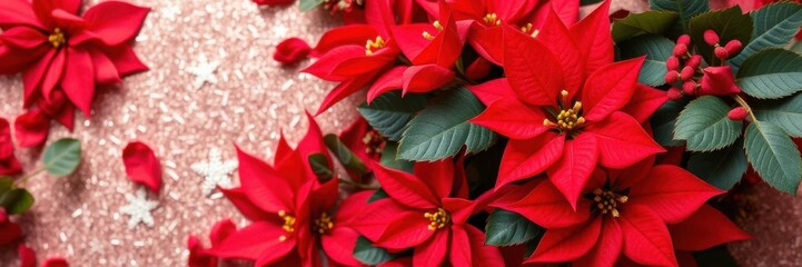 Vibrant red poinsettia flowers arranged on a red background, festive season, festive, flora
