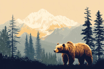 Majestic Grizzly Bear in a Mountainous Coniferous Forest