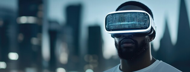Exploring a futuristic cyberpunk metaverse with virtual reality technology and glowing digital data at dusk