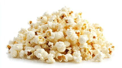 Pile of freshly popped popcorn with light salt sprinkles, isolated on a crisp white background, showcasing texture and detail.