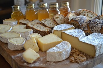 Delicious Assortment of Cheeses with Honey and Artisan Bread