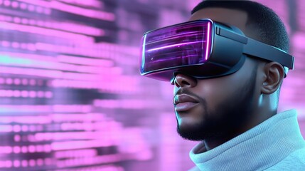 Black man explores futuristic cyberpunk city in virtual reality with immersive holographic technology and glowing lights