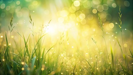 Obraz premium Golden Hour Meadow Vibrant Green Grass Glistening with Dew Drops in Soft Sunlight