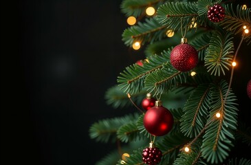 green spruce branches with red New Year's toys