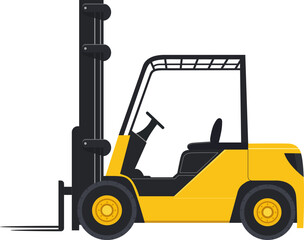 Yellow forklift truck isolated on white background. Forklift unloads boxes. Delivery, logistic and shipping cargo. Warehouse and storage equipment. Vector illustration in flat style