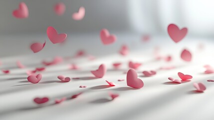 Obraz premium Soft bokeh of pink hearts on a clean white background, creating a dreamy Valentine's Day feel